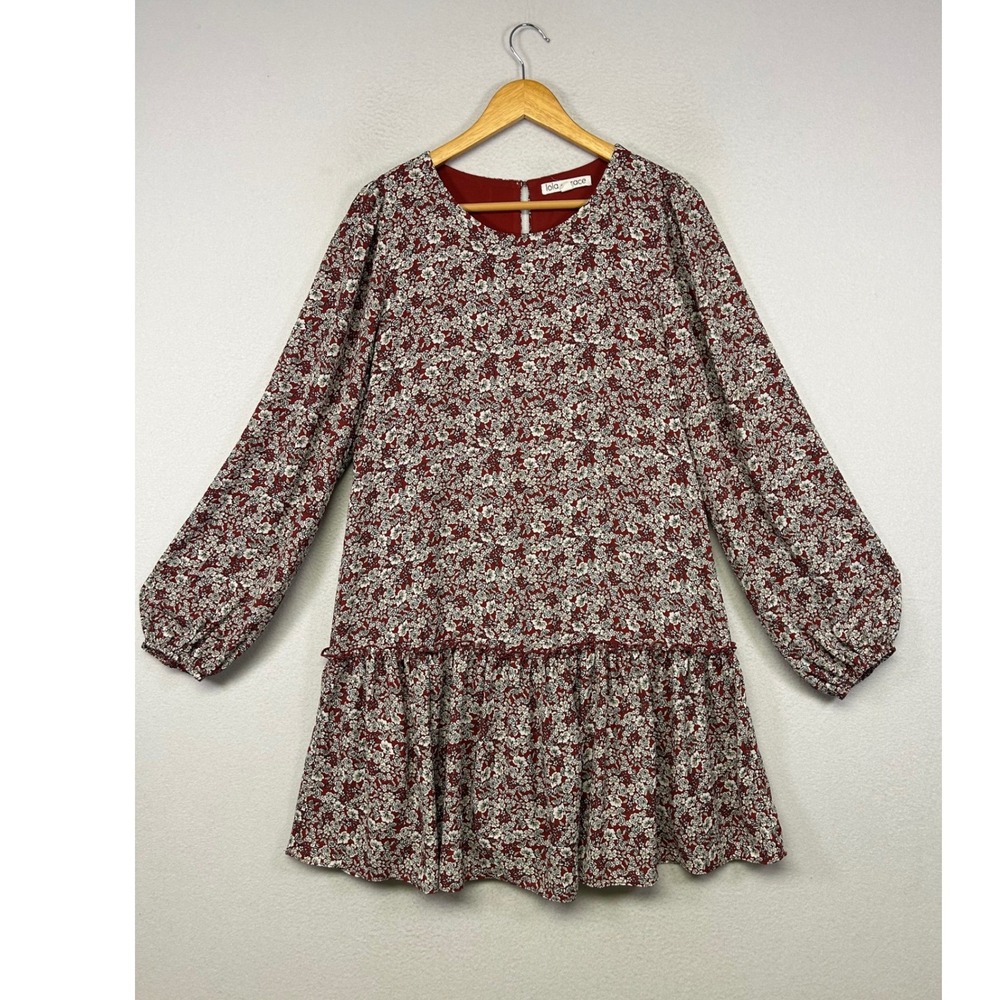 Cottagecore Lola Grace Women Large Burgundy Floral Ruffle Hem Long Sleeve Dress